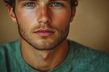 Fototapeta premium Headshot of Latino Man with Black Hair Smiling in Green Textured Shirt on Beige Background