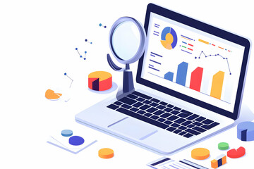 Isometric Illustration Of Laptop Showing Data Charts And Magnifying Glass
