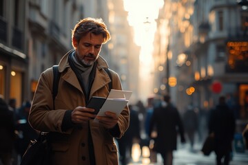 Portrait of a senior businessman in face mask using smartphone in sunlit European street