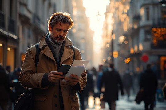 Portrait of a senior businessman in face mask using smartphone in sunlit European street