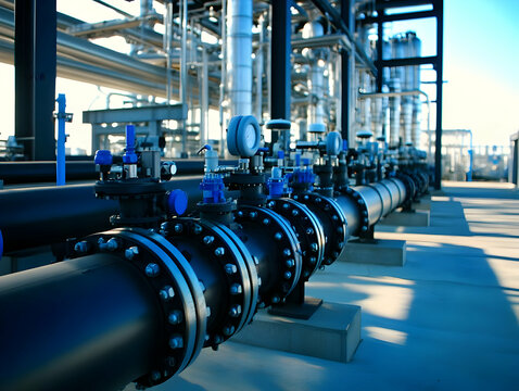 Industrial Pipe Structure Detailed View with Blue Valves Outdoor