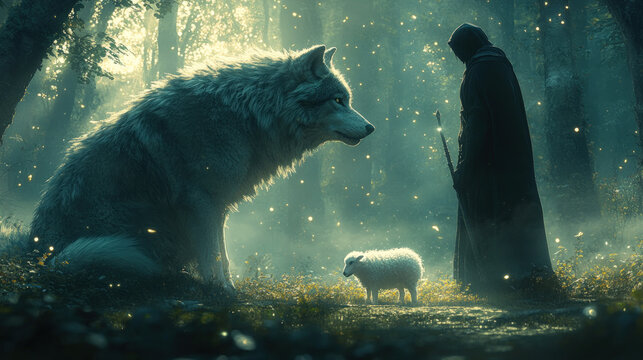 Mystical Forest Scene with Wolf, Lamb, and Hooded Figure
