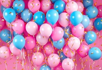 Pink & blue balloons float amidst golden confetti, cheerful celebration, celebration, cheerful