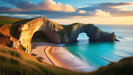 A beautiful beach with a large archway in the water