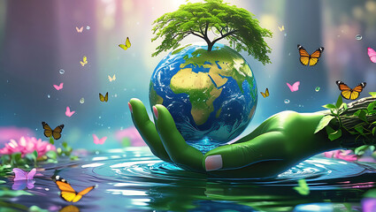 A hand holding a globe with a tree on it