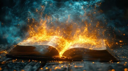 Magic Spell Book Open with Stardust Particles Glowing in Fantasy Art Style