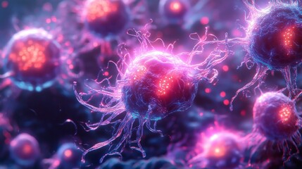 Vibrant Glowing Alien Virus Creatures in a Microscopic World of Infection and Disease