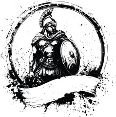 Grunge Style Vector Artwork of a Trojan Warrior with a Black and White Banner for Custom Text Placement