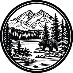 Bold Black and White Vector Illustration of a Bear Next to a River with Mountains in a Circular Logo