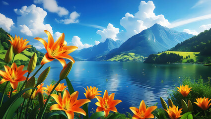 Mountain Lake with Blue Sky and Reflections