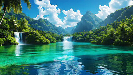 Scenic mountain waterfall with river and lush greenery in a beautiful summer landscape
