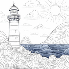 Line Art Lighthouse At Sea Coastline Illustration with Sun and Sky