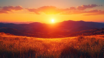 Obraz premium Orange sunset hues bathe distant hills, creating a serene, minimalist landscape.