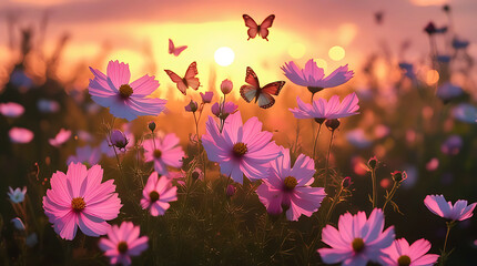 Colorful sunset over a blooming flower field in spring with vibrant petals in shades of yellow, orange, and pink