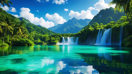 Scenic mountain lake reflecting summer clouds and green forest