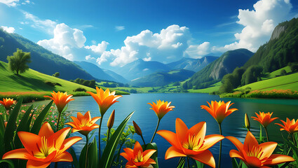 Summer Mountain Lake with Flowers and Beautiful Landscape