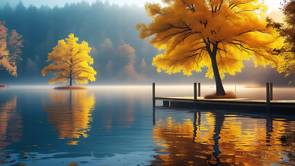 Autumn landscape with a serene lake, trees, and a beautiful sunset reflection