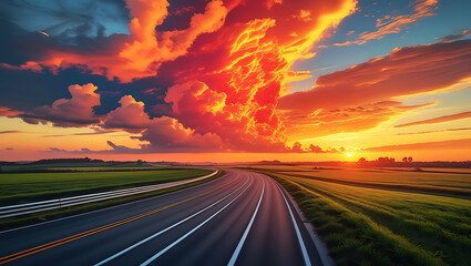 Car driving on an empty highway during sunset with a wide open landscape and scenic sky