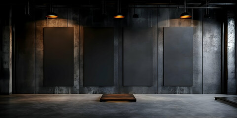 Photo Dark Interior Featuring Black Frames Wooden Stand and Concrete Floor