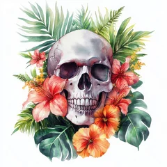 Watercolor Skull Floral Tropical Illustration Vintage Halloween Design
