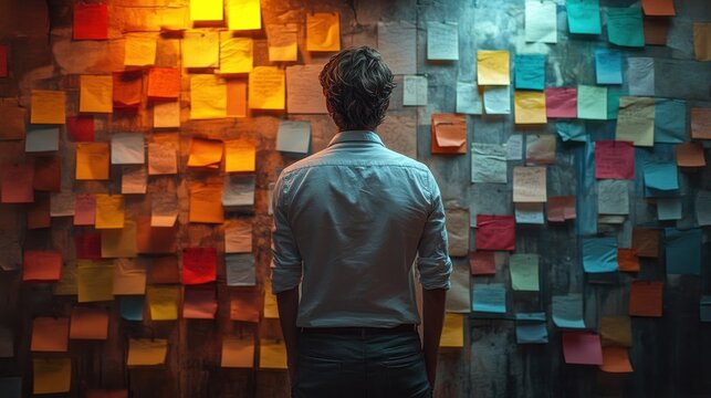 Man in White Shirt Contemplating Colorful Sticky Notes on Office Wall