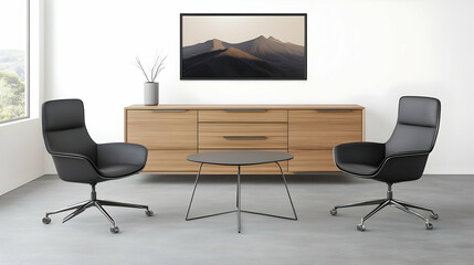 Modern Office Interior With Black Chairs Wooden Cabinet and Table