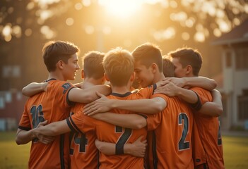 Team of teenage soccer players embracing in a huddle on a field during a golden sunset light scene outside