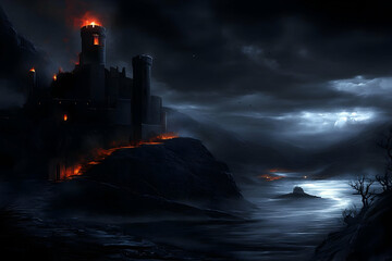 Night Scene Of A Castle With Fire Digital Illustration Of Landscape