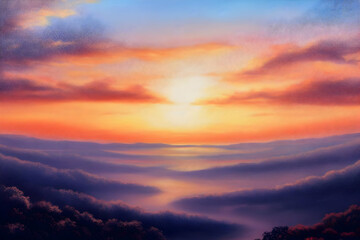 Obraz premium Painted Sunset Over Mountains with Orange Sky and Purple Hues Photo Illustration