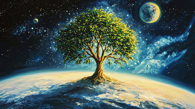 Cosmic tree of life standing tall on a distant planet with lush foliage and a breathtaking view of the universe in a cinematic perspective.