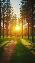 Obraz premium Photo: Sunlight through Trees on Forest Path at Sunset with Green Grass and Sky
