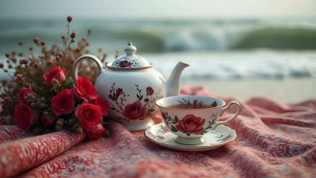 Red and white floral teapot with cup of tea and bouquet of red roses on seashore