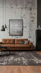 Photo Brown Sofa Against Textured Wall Modern Living Room Interior