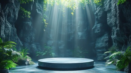 Fototapeta premium Futuristic Black Podium in Mystical Cave with Ambient Lighting for Product Presentation and Advertisement