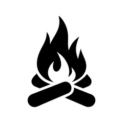 Minimalist black and white silhouette campfire icon with burning logs in vector style