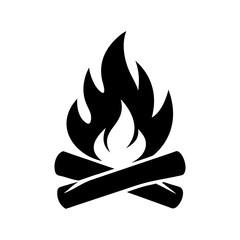 Minimalist black and white silhouette campfire icon with burning logs in vector style
