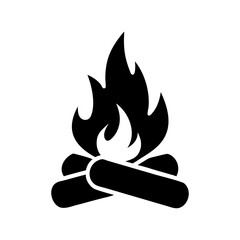 Minimalist black and white silhouette campfire icon with burning logs in vector style