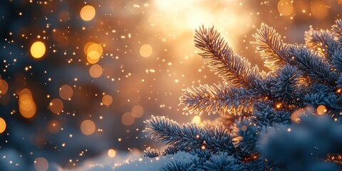 Fototapeta premium Winter Wonderland Scene with Frosted Pine Branches Sparkling Snow Warm Lights Merry Christmas and Happy New Year Card