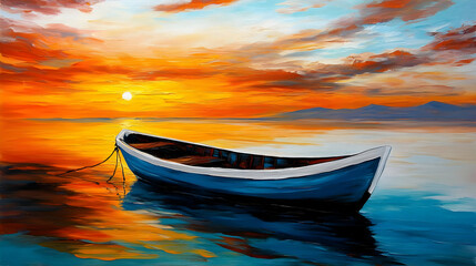 Fototapeta premium Photo Of A Blue Boat On Still Water Reflecting Sunset Colors And Sky