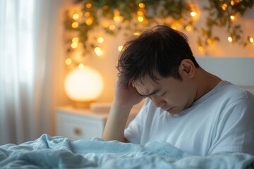 Migraine pain in businessman suffering from one sided headache tension stress cephalalgia