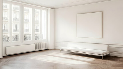 Fototapeta premium Photo Of A Bright White Interior Room With Sofa And Window Sunlight