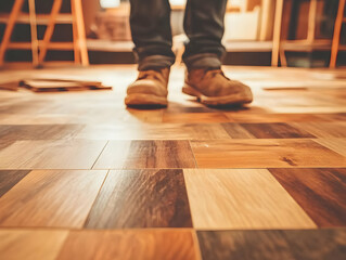 Photo of a Builder Wearing Boots Standing On Parquet Flooring in a Workshop