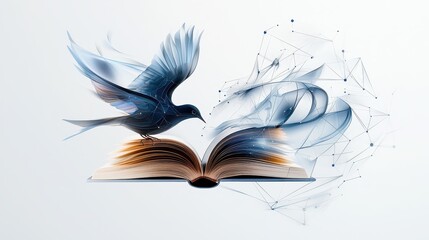 Bird taking flight from an open book, surrounded by abstract design elements and ethereal wisps.