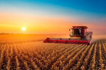 Obraz premium Photo of a Red Combine Harvesting Grain in a Golden Field at Sunset