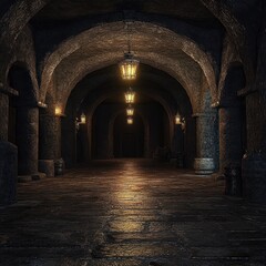 Fototapeta premium Medieval Underground Chamber with Torches and Lanterns