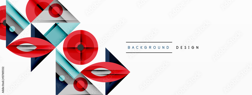 Poster Geometric abstract composition with intersecting shapes, circles, triangles, and gradients, blending vibrant colors and dynamic contrasts to create a modern, futuristic visual design