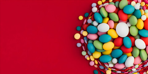 Obraz premium Photo Of Colorful Candy Pile On Red Background Dessert Texture