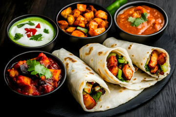 Photo of Delicious Indian Wraps And Various Dishes On Wooden Table