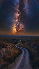 Winding path toward the celestial canvas, a cosmic journey unfolds under the starry sky