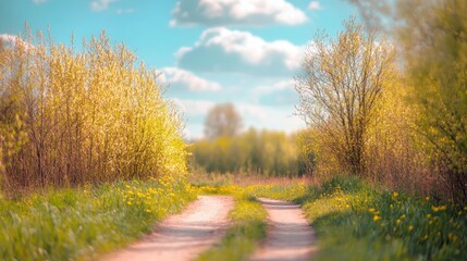 Naklejka premium Defocused spring landscape. Beautiful nature with flowering willow branches and forest road against blue sky with clouds, soft focus. Ultra wide format.